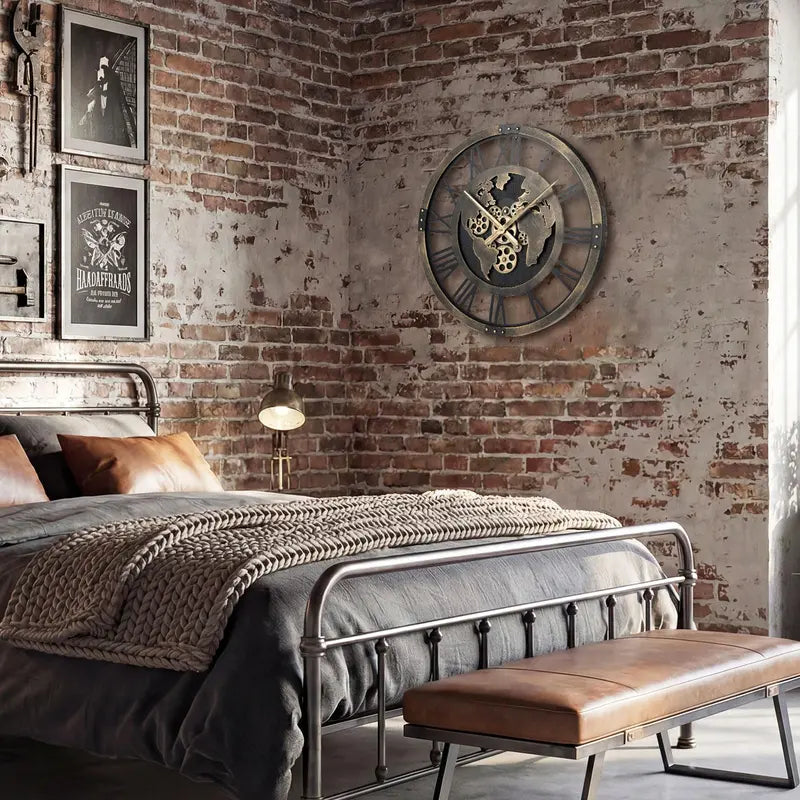 27-Inch Gear-Driven World Map Wall Clock  Silent, Decorative Metal Design with Rotating Gears