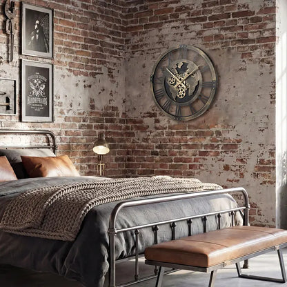 27-Inch Gear-Driven World Map Wall Clock  Silent, Decorative Metal Design with Rotating Gears