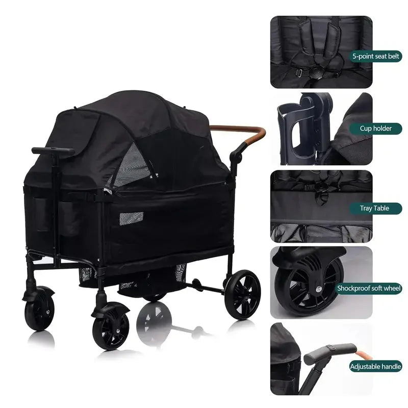 Dual-Kid Cargo Wagon Stroller — Lightweight Foldable Push-Pull Travel Stroller for Two Children