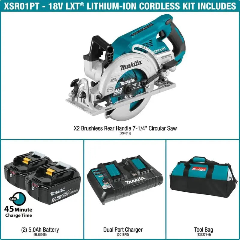 MAKITA XSR01PT 36V Brushless Rear-Handle Circular Saw Kit (18V x2, 7-1/4 Inch)