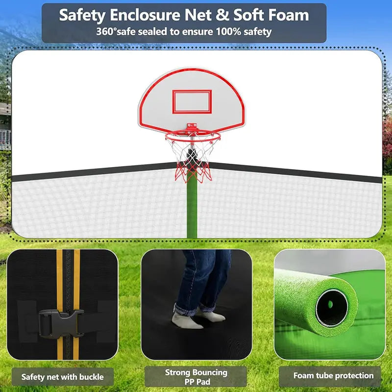 16-Foot Upgraded Trampoline with Enclosure Net and Adjustable Basketball Hoop