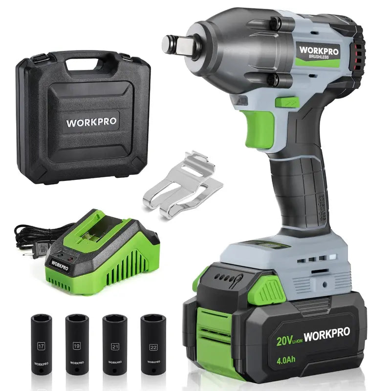 WORKPRO 20V Cordless 1/2″ Impact Wrench  4.0Ah Battery, Fast Charger, 4 Sockets & Carry Case