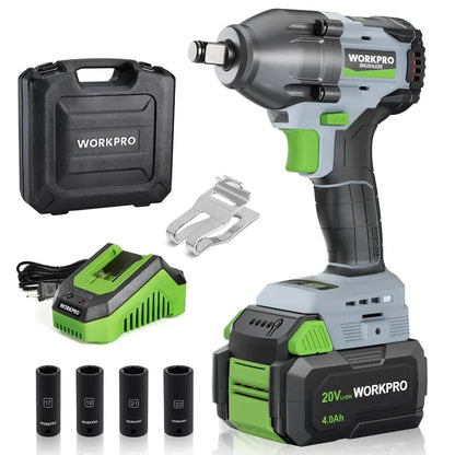 WORKPRO 20V Cordless 1/2″ Impact Wrench  4.0Ah Battery, Fast Charger, 4 Sockets & Carry Case
