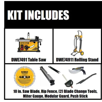 DEWALT 10″ Jobsite Table Saw with Rolling Stand, 15 Amp Motor, DWE7491RS