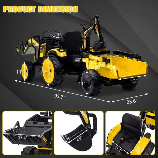 24V 3-in-1 Ride-On Tractor  Excavator & Bulldozer Modes, Remote, LED, USB/Bluetooth (Yellow)