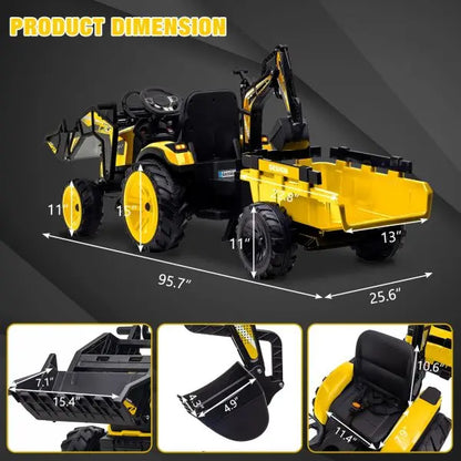 24V 3-in-1 Ride-On Tractor  Excavator & Bulldozer Modes, Remote, LED, USB/Bluetooth (Yellow)