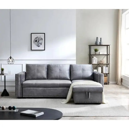 Reversible Gray Velvet L-Shaped Sleeper Sectional Sofa  3-Seater with Hidden Storage