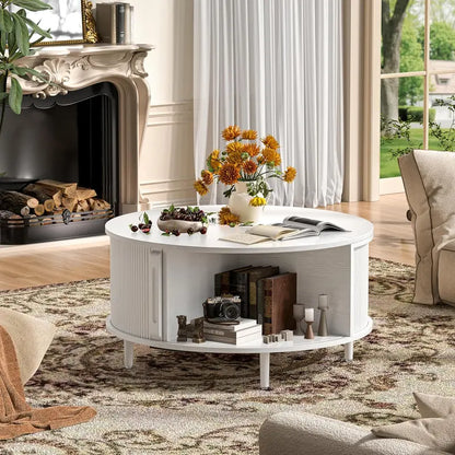 Lift-Top Walnut Coffee Table  31.5″ Fluted Mid-Century Modern Design with Sliding Door & Adjustable Feet