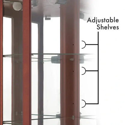 Cherry-Finished Corner Curio Cabinet  6-Tier Display Shelf with Interior Lighting & Adjustable Mirrored Back