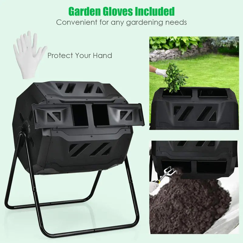 Dual-Bin 43-Gallon Rotating Compost Tumbler with Dual Sliding Access Doors