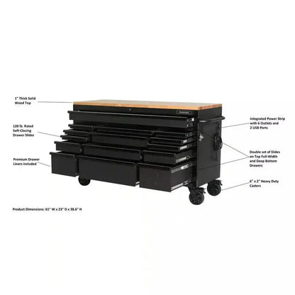 Heavy-Duty 61″ Mobile Workbench  15-Drawer Steel Cabinet with Solid Wood Work Surface