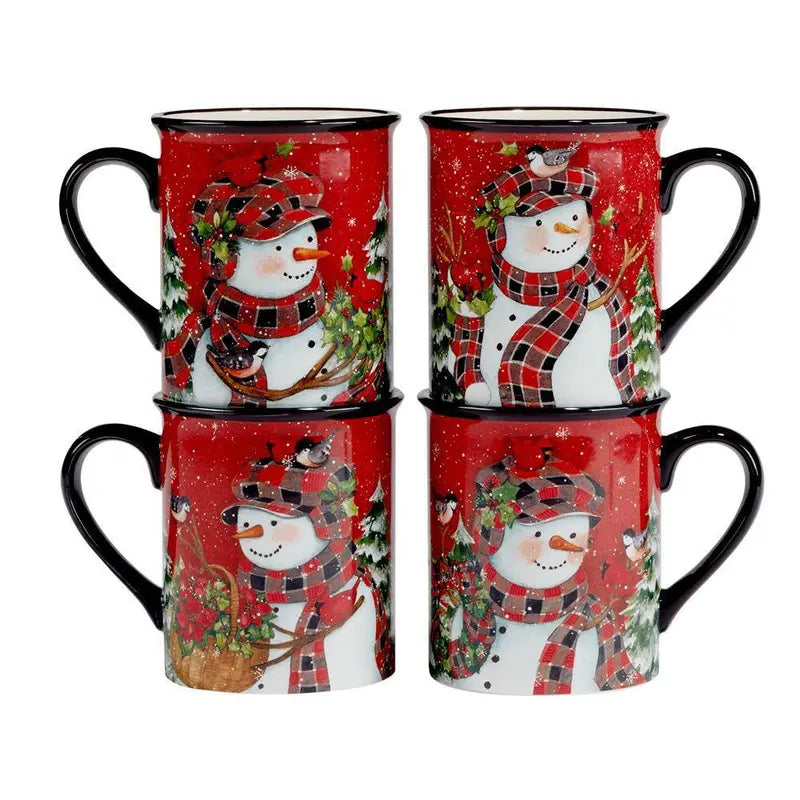 Certified International Christmas Lodge Snowman 16 oz.. Multi-Colored Earthenware Beverage Mugs Set of 4 29042SET4