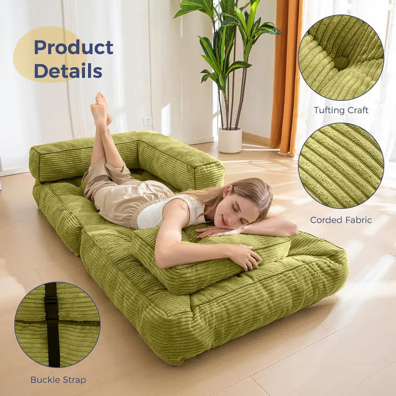 L-Shaped Folding Sofa Bed  Convertible Living Room Lounger with Armrests & Pillows