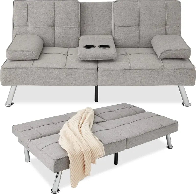 Compact Gray Linen Futon Sofa Bed  Foldable Modern Design with Detachable Armrests, Sturdy Metal Frame & Built-in Cup Holders