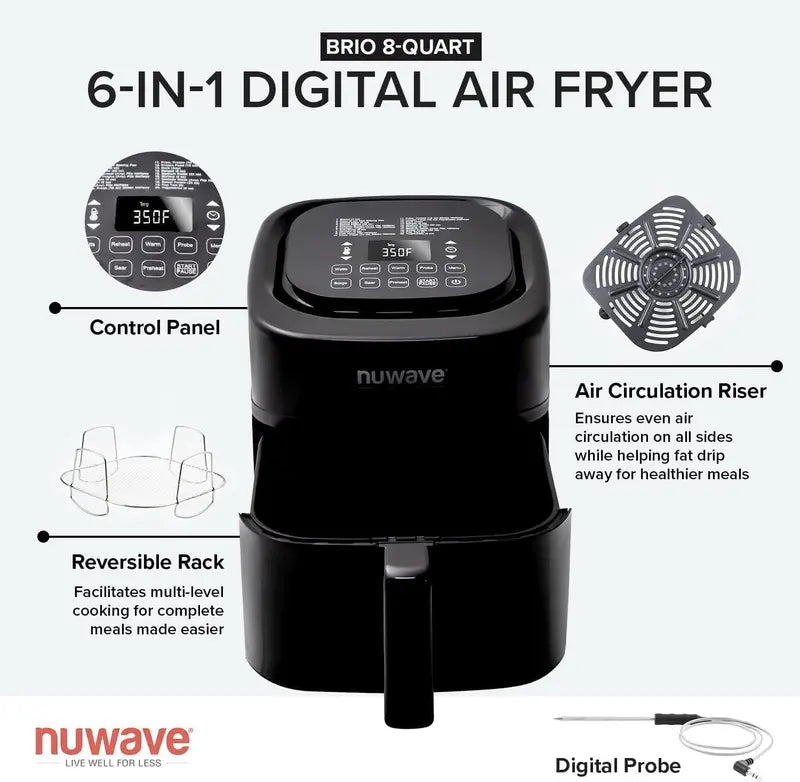 Nuwave Brio 15.5Qt Air Fryer Oven  1800W Rapid Reheating, Baking & Dehydrating with 50°425°F Range