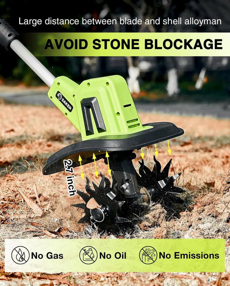 Saker 22V Lightweight Cordless Garden Tiller — Compact Electric Rototiller for Home Gardens