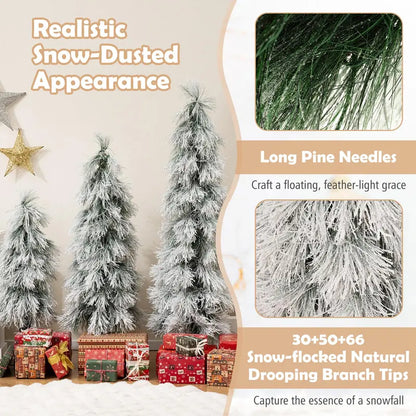 Holiday Tree Trio  Assorted 3’, 4’, and 5’ Snow-Flocked Pre-Lit Christmas Trees