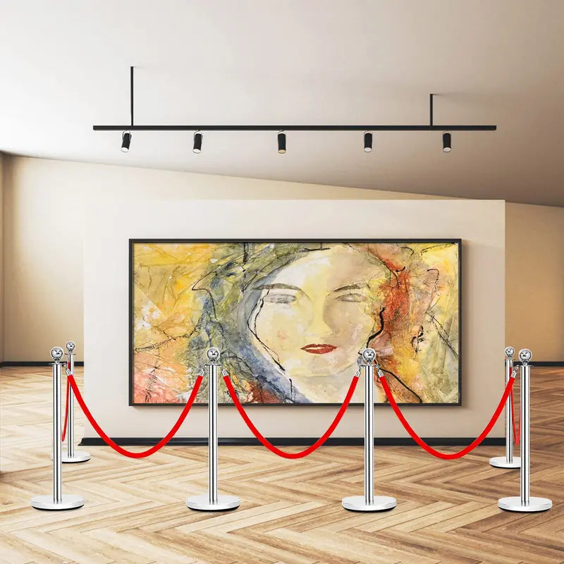 6-Piece Stainless Steel Queue Management Set  Polished Round-Top Stanchions with Retractable Belts
