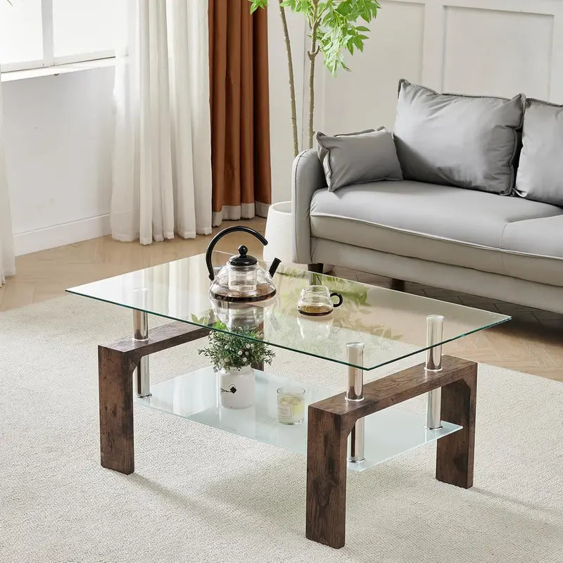 Contemporary Rectangle Coffee Table  Glass-Topped Living Room Side Table with Wooden Legs, Ideal for Waiting Areas