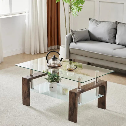 Contemporary Rectangle Coffee Table  Glass-Topped Living Room Side Table with Wooden Legs, Ideal for Waiting Areas