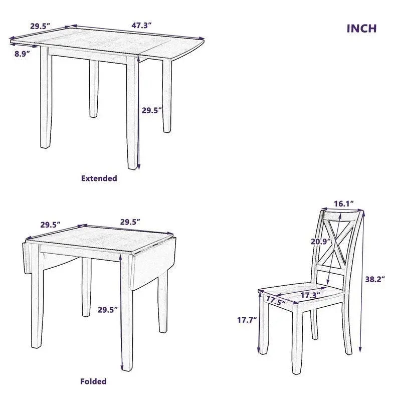 Compact Breakfast Nook Set  3-Piece Wood Drop-Leaf Table + 2 X-Back Chairs