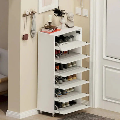 Mirror-Front Shoe Cabinet with Six Flip-Down Drawers  Space-Saving Organizer on Four Sturdy Metal Legs