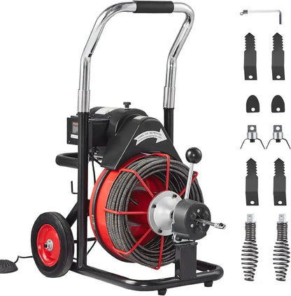100 ft × 1/2 in Auto-Feed Drain Snake Machine  550W Portable Sewer Auger with Foot Switch & 8 Cutters (2″4″ Pipes)