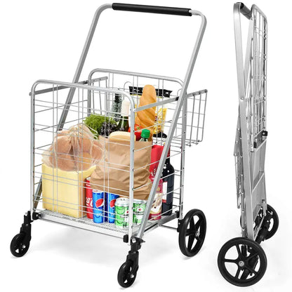 Heavy-Duty Folding Grocery Cart with Dual Baskets, 330-LB Capacity, and 360° Swivel Wheels