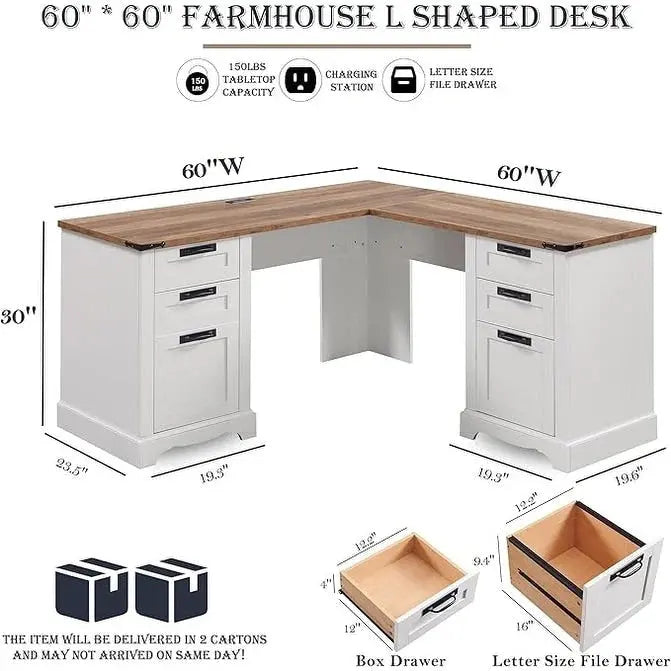 60-Inch L-Shaped Farmhouse Executive Desk  Wood Corner Computer Workstation