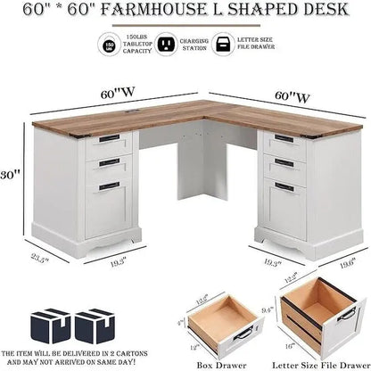 60-Inch L-Shaped Farmhouse Executive Desk  Wood Corner Computer Workstation