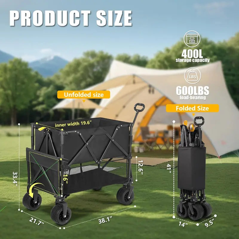 Heavy-Duty Double-Decker Utility Wagon  600 lb Capacity, 400L Collapsible All-Terrain Cart
