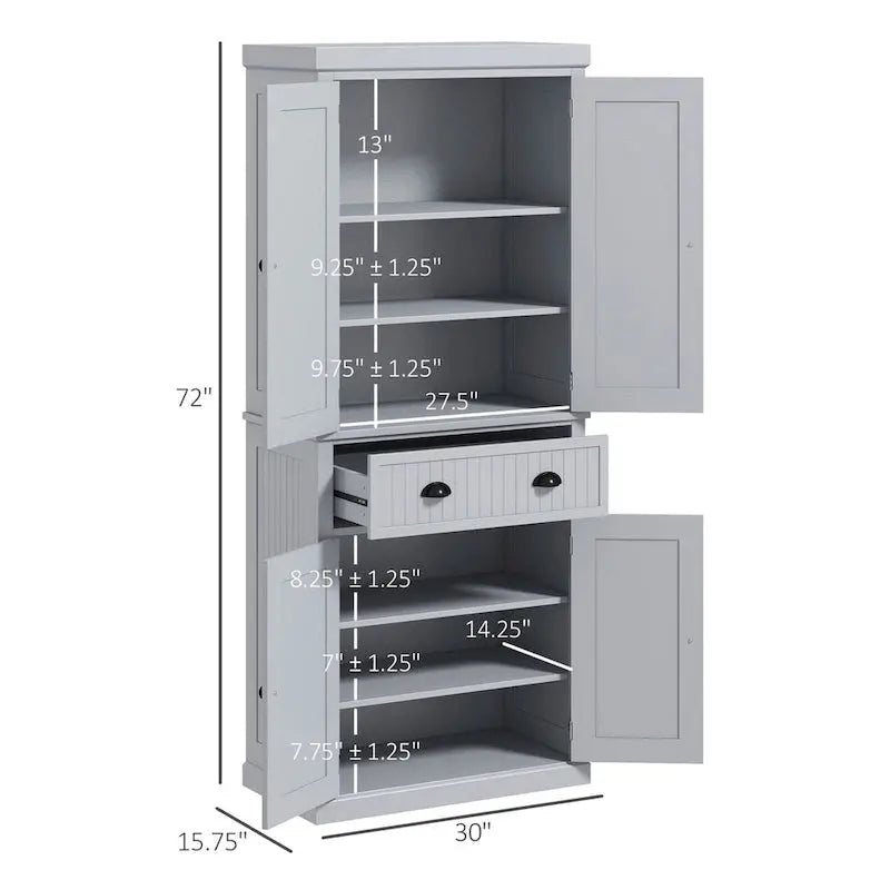 72-Inch Freestanding Pantry Cabinet  Traditional Style with Four Doors, Three Adjustable Shelves, and Spacious Center Drawer