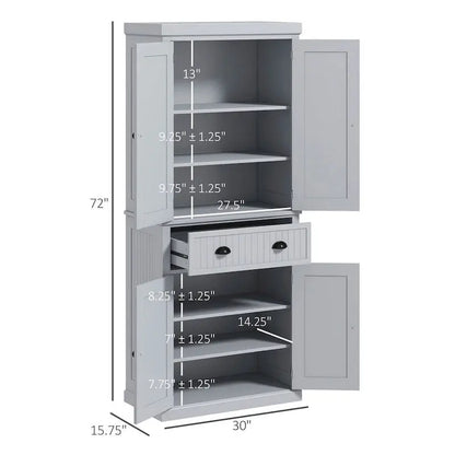 72-Inch Freestanding Pantry Cabinet  Traditional Style with Four Doors, Three Adjustable Shelves, and Spacious Center Drawer
