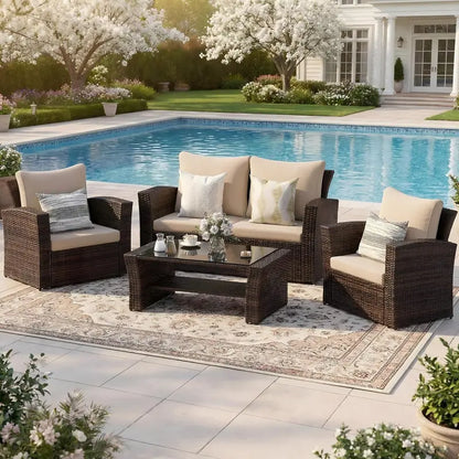 Wisteria Lane 4-Piece Navy Blue All-Weather Wicker Patio Sofa Set with Cushions and Glass Table