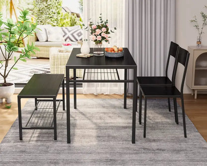 Gizoon 4-Piece Kitchen Dining Set with Storage Racks  Table, 2 Chairs & Bench, Space-Saving Design