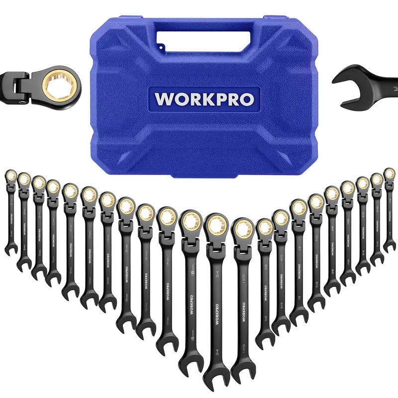 WORKPRO 22-Piece Flex-Head & Standard Ratcheting Wrench Set  Metric & SAE, Anti-Slip Grip with Storage Box