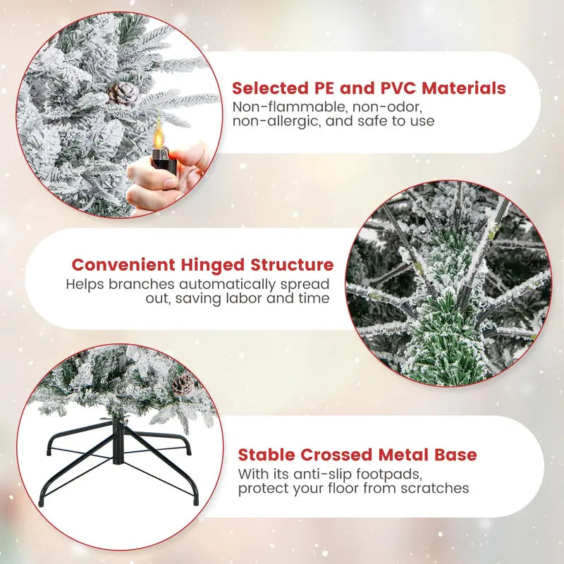 6-Foot Snow-Flocked Hinged Christmas Tree with 210 Warm-White Incandescent Bulbs