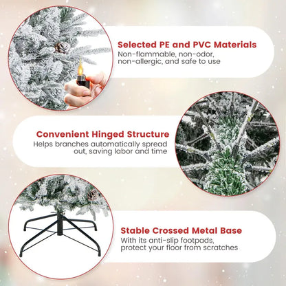 6-Foot Snow-Flocked Hinged Christmas Tree with 210 Warm-White Incandescent Bulbs