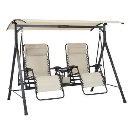 Mainstays Zero-Gravity Porch Swing  Steel Frame, Beige/Black Fabric, 230 x 148 x 184 cm