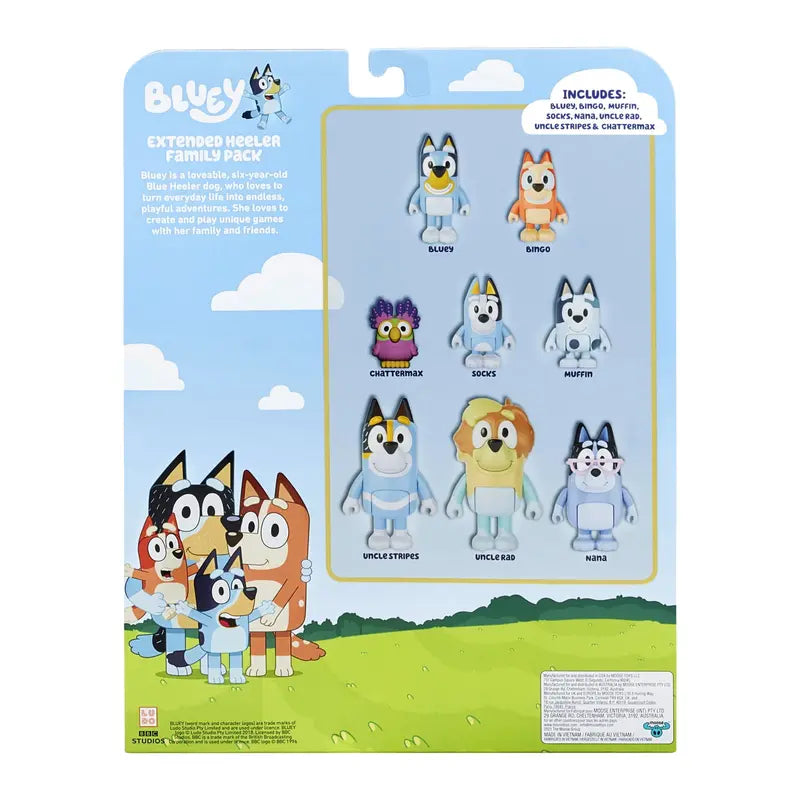 Bluey, Extended Heeler Family Pack, 2.5-3 inch Figures, Bluey, Bingo, Socks, Muffin, Uncle Stripe, Uncle Rad, Nana and Chattermax, Preschool, Toys for Kids, Ages 3+