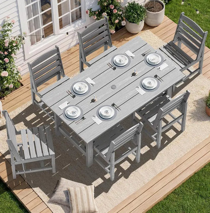 SERWALL 7-Piece Blue HDPE Outdoor Dining Set with Umbrella Hole and Stackable Chairs