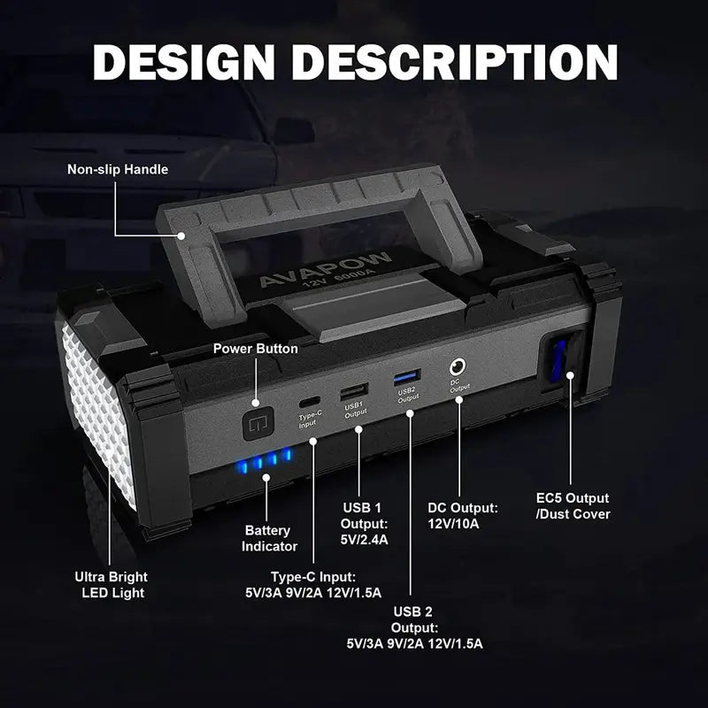 AVAPOW 6000A Peak Amp Portable Jump Starter with USB Quick Charge, DC Output, and LED Spotlight