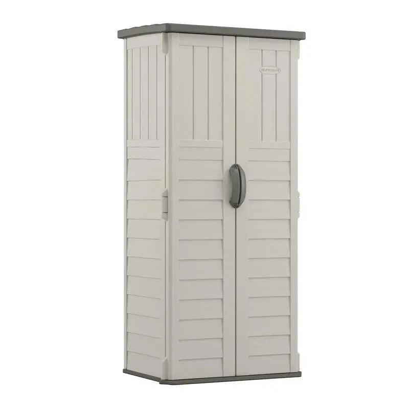 Suncast Vertical Plastic Storage Shed  Gray, Includes Floor Kit, Space-Saving Organization
