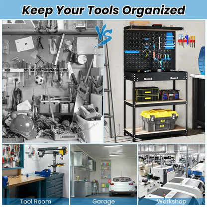Compact 32″ x 16″ Workbench with Pegboard, Dual Shelves, and Worktop