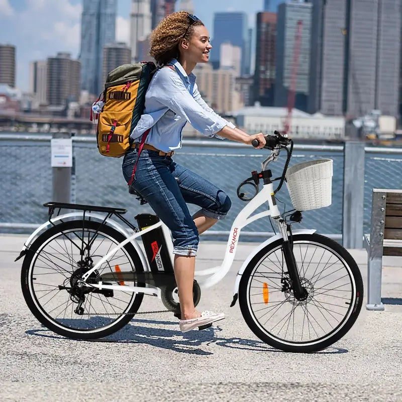 PEXMOR 350W Commuter E-Bike  26″ Cruiser with Shimano 6-Speed, Removable 36V Battery & Dual Suspension