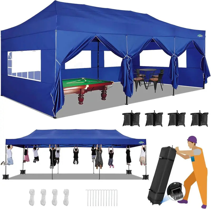 COBIZI 10×20 ft Commercial Pop-Up Canopy Tent  Heavy-Duty Frame, 6 Sidewalls, Wind/Waterproof Gazebo with Roller Bag
