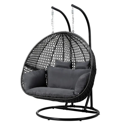 Gardeon Wicker Egg Swing Chair  Two-Person Outdoor Pod with Grey Cushions & Stand