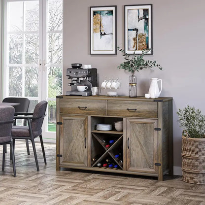 Dark Brown Oak Wine & Coffee Bar Cabinet  Sliding Barn-Door Sideboard with Drawers, Racks, and Distressed Finish
