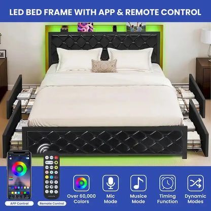 Moasis LED-Uplighted Queen Platform Bed Frame  PU Upholstered Modern Design