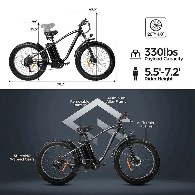 48V/15Ah Lithium-Powered Electric Mountain Bike  Matte Black Frame